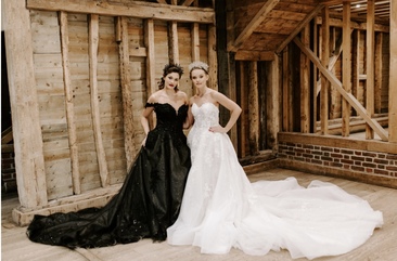 Brides wearing two for Joy wedding headband 