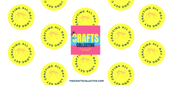 Yellow discs on white background with image of hands crafting and repeating text craft all day