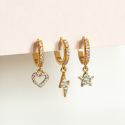 Gold Hoop Earrings from Twilight London with star, lightening bolt and heart charms