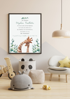 Personalised giraffe print for a godchild hanging on a nursery wall