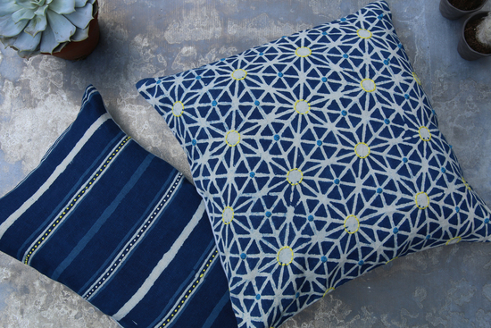 Indigo Embroidered Cushions Taraka and Dabu Stripe 