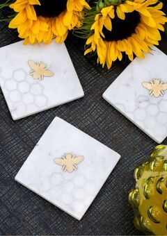 Set of 4 Marble Laser Etched Coasters with Brass Bee