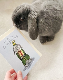 An adorable bunny alongside an adorable bunny greeting card