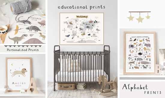  A selection of personalised nursery and children's prints featuring a world map print, animal alphabet print, dinosaur print and personalised lion print. 