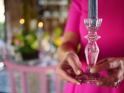 Pink Glass Candlestick and Blue Coloured Candle
