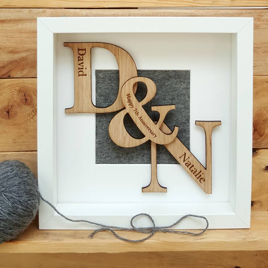 Wool 7th Wedding Anniversary Oak Initials Artwork | Artwork | Framed |
