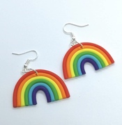 Displayed is a pair of bright polymer clay dangle earrings. 