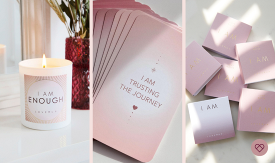 Love Up Love You Product Banner with Affirmation Candle, Card Deck and Love Notes.