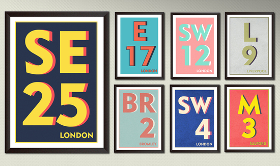 7 different postcode prints in 7 different colour variations