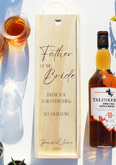 Father of the bride engraved wooden gift box with whisky bottle