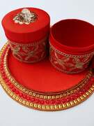 red jewelled tray with 2 matching boxes