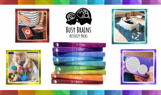 A pregnant woman looking at 0-3 pack. A 6 month baby playing with toys. Busy Brains Logo and stack of activity cards. 1 year old in pretend boat. Card sample.
