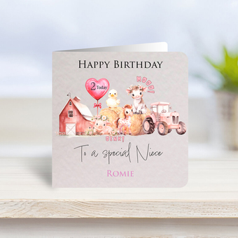 Personalised pink farm 2nd birthday girl toddler greeting card