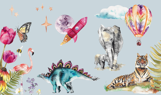 Dinosaur, Tiger, elephant, fern, tulip, butterfly, hot air balloon, flamingo, stars, cloud, space rockets