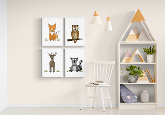 Woodland print set, fox, owl, deer and raccoon