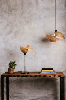 Bamboo and bronze table lamp on wooden bar table with succulent plant and books and a hanging bamboo ceiling shade