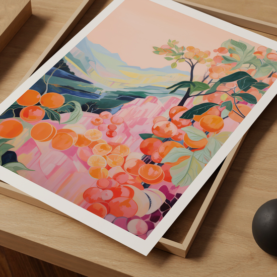 Art print of oranges on a tree with mountains in the background
