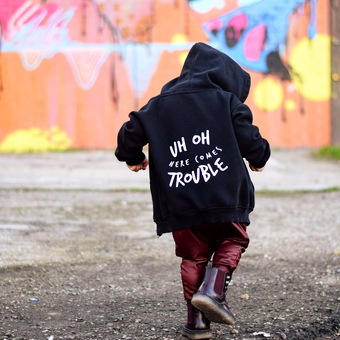 Uh Oh Here Comes Trouble Zipped Hoodie | Unisex Kids Clothing | Kidult & Co