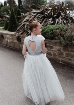 Long grey sparkly tutu flower girl dress with a heart cut out back