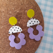 Statement polymer clay earrings with lilac, bright yellow, and spotty shapes