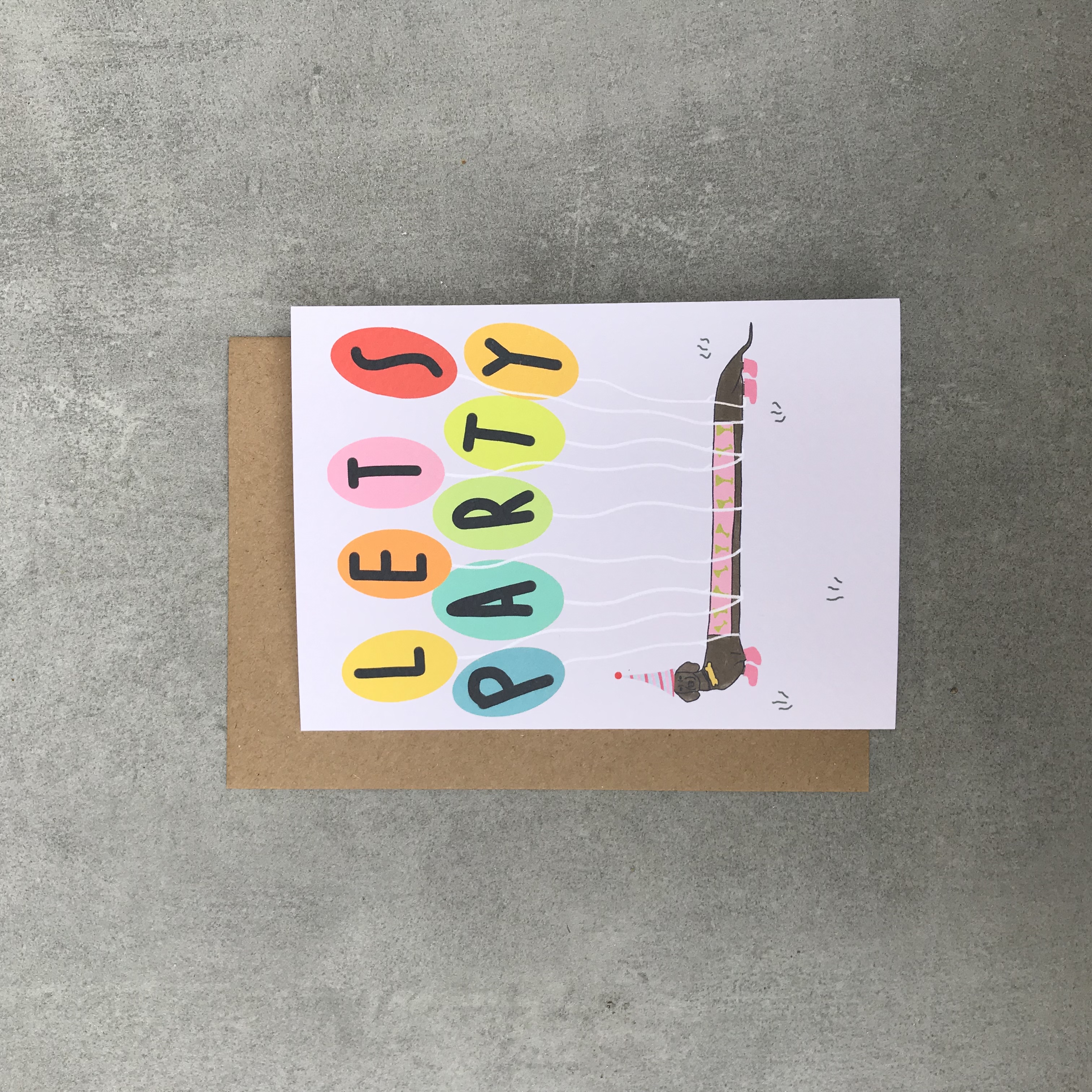 'Let's Party' Sausage Dog Celebration Birthday Card