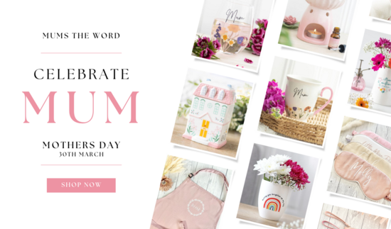 Mother's Day promotional banner with the text 'Mums the Word' and 'Celebrate Mum, Mother's Day 30th March' in elegant pink and black fonts.