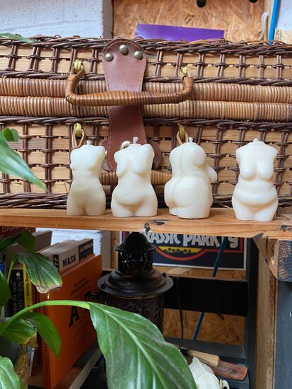 four white mini body-positive candles women candles