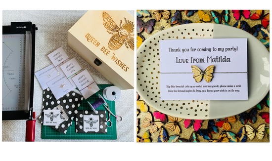 first image shows work station. second image shows wooden butterfly charm wish bracelet mounted on white card with party favour wording.