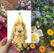 Our Ginger Cocker Spaniel Pompom Birthday Card held up in front of a display of flowers