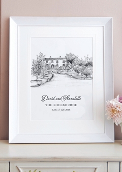 Hand Drawn venue print, personalised with couples names and wedding date. 