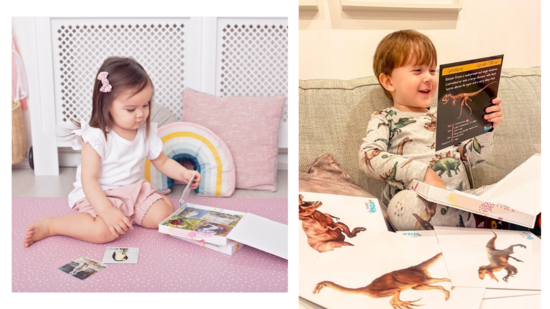 Left: Little girl sitting on a mat and exploring her Teddo Play Learning Cards. Right: Little Boy smiling looking at his Dinosaur cards from Teddo Play Set 