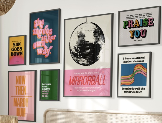 Gallery wall with selection of colourful prints