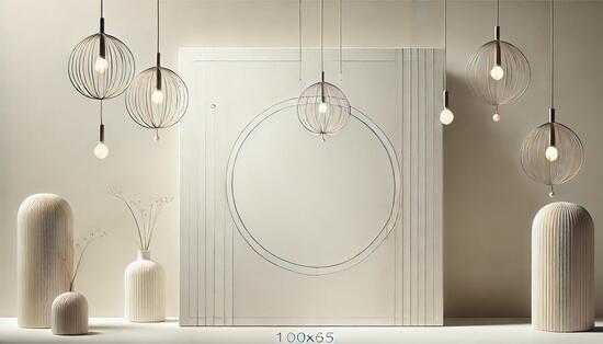 Minimalist cover background featuring hanging pendant lights in a light, neutral color palette. The design incorporates elegant, wireframe-style chandeliers wit