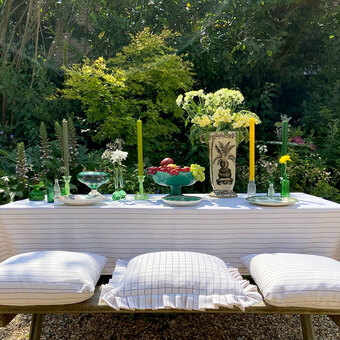 Ava white stripe tablecloth and matching Martha cushions