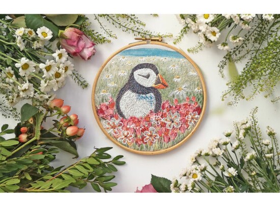 Modern Puffin hand embroidery pattern on linen