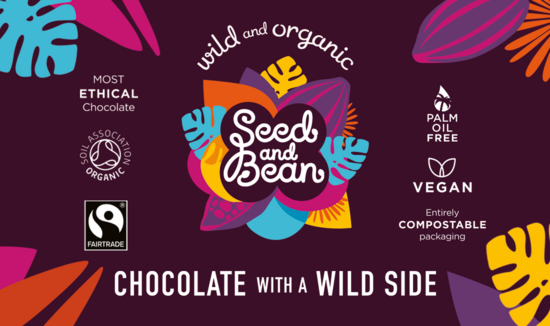 Botanical colourful leaves framing Seed and Bean logo and ethical credentials