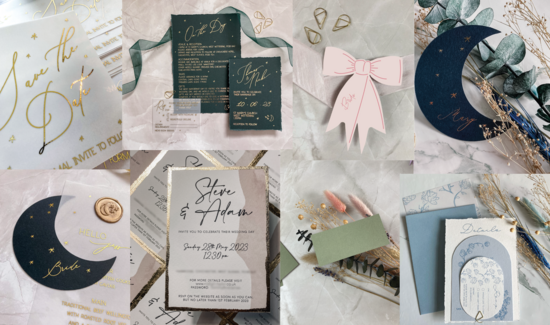 collage of wedding invites and place names