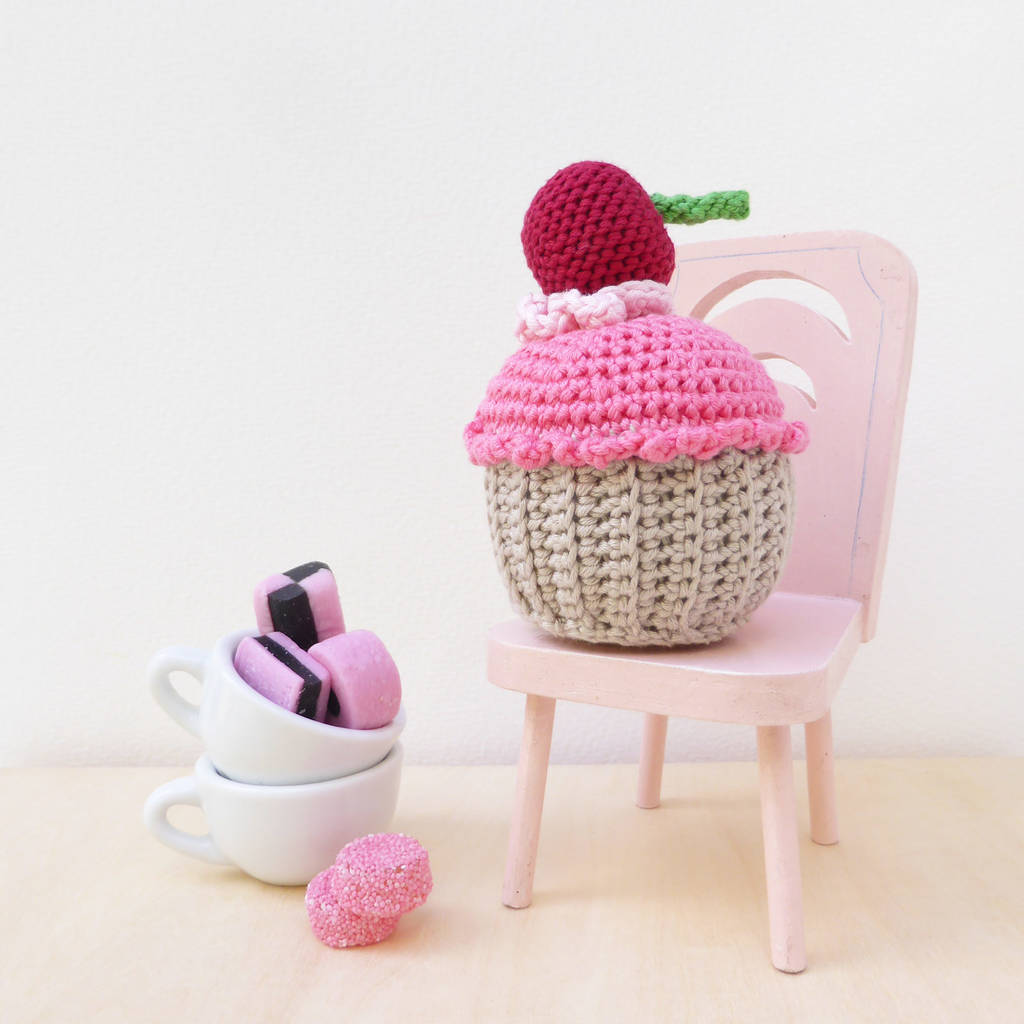 Crocheted Cherry Cupcake Play Pretend Soft Toy