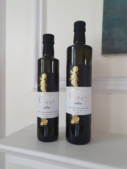 2 sizes of glass bottle containing extra virgin olive oil