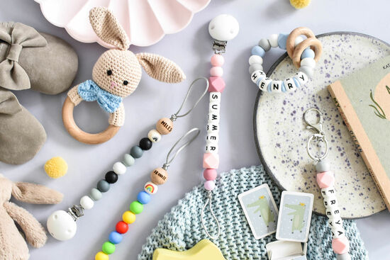 Pops and dudes ~ personalised dummy clips and personalised Teething toys.