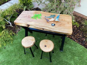 Forest School Table and Four Rustic Stools, this is a stunning and sturdy piece of furniture, it has been treated for outdoor or indoor use.