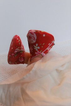 a pair of baby slippers on a baby's feet in a red floral pattern