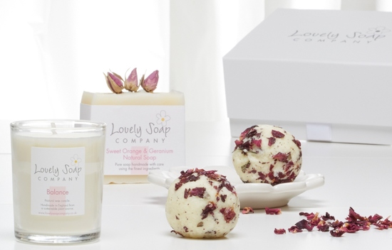 Pamper Me Aromatherapy Bath Gift Set by Lovely Soap Company including natural candle, soap and two bath truffles