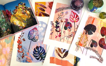 A display of colourful botanical giclee art prints in vibrant rich colours