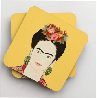 A set of coasters featuring an illustration of Frida Kahlo on a beautiful olive green background. Exclusive to Claryce Design.