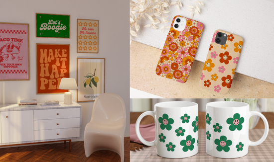Banner featuring prints, phone cases and mugs