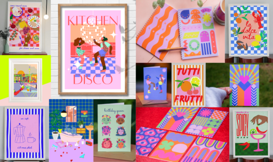 Collage of products: prints, cards, notebooks and postcards