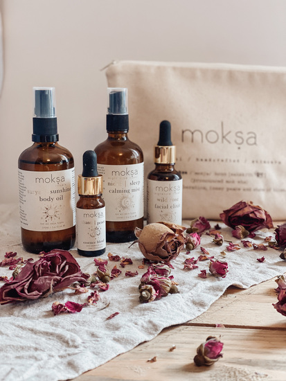 The full Moksa product collection of award-winning, natural skincare handmade with plant-based oils and essential oils in rural Devon.