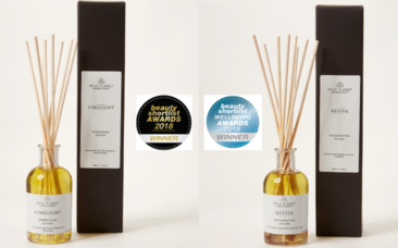Beauty Shortlist Awards Winner 2018 and 2019 badges next to Limelight and Revive Reed Diffuser by Wild Planet Aromatherapy
