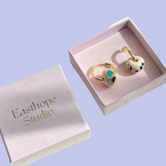 Pair of murano glass earrings in pale pink Easthope Studio Jewellery box 